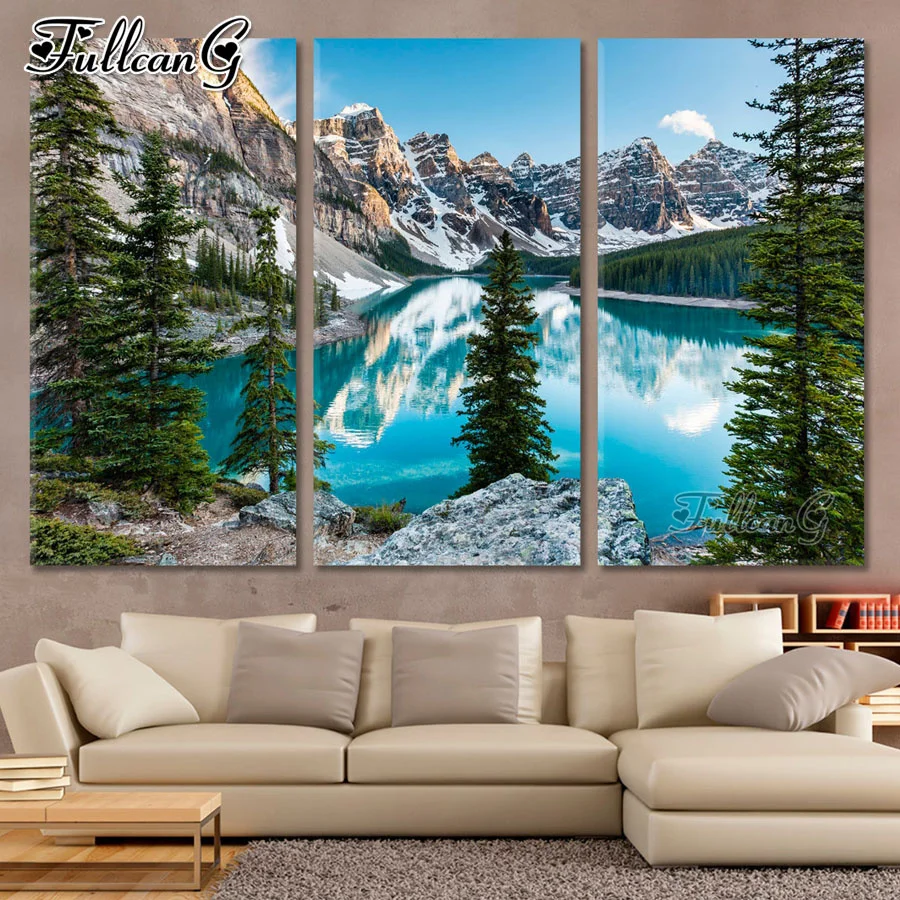 

FULLCANG Snow mountain lake scenery large triptych 5d diy diamond painting mosaic embroidery kits full square round drill FG0586