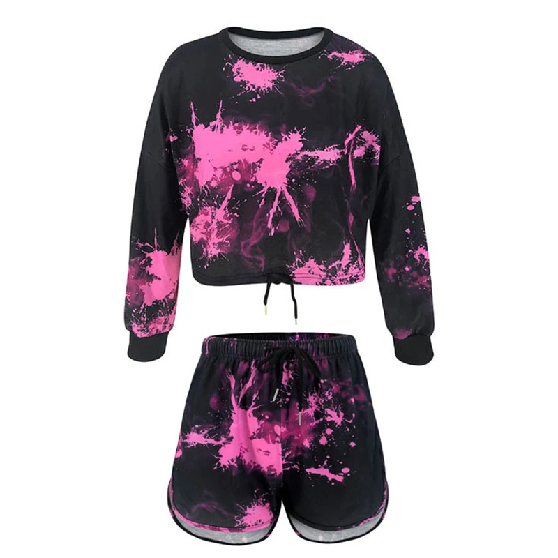 

Womens 2 Piece Tracksuit Woman Long Sleeve Top High Waist Shorts Femme Spring Autumn Crew Neck Suit Black Casual Sports Clothes