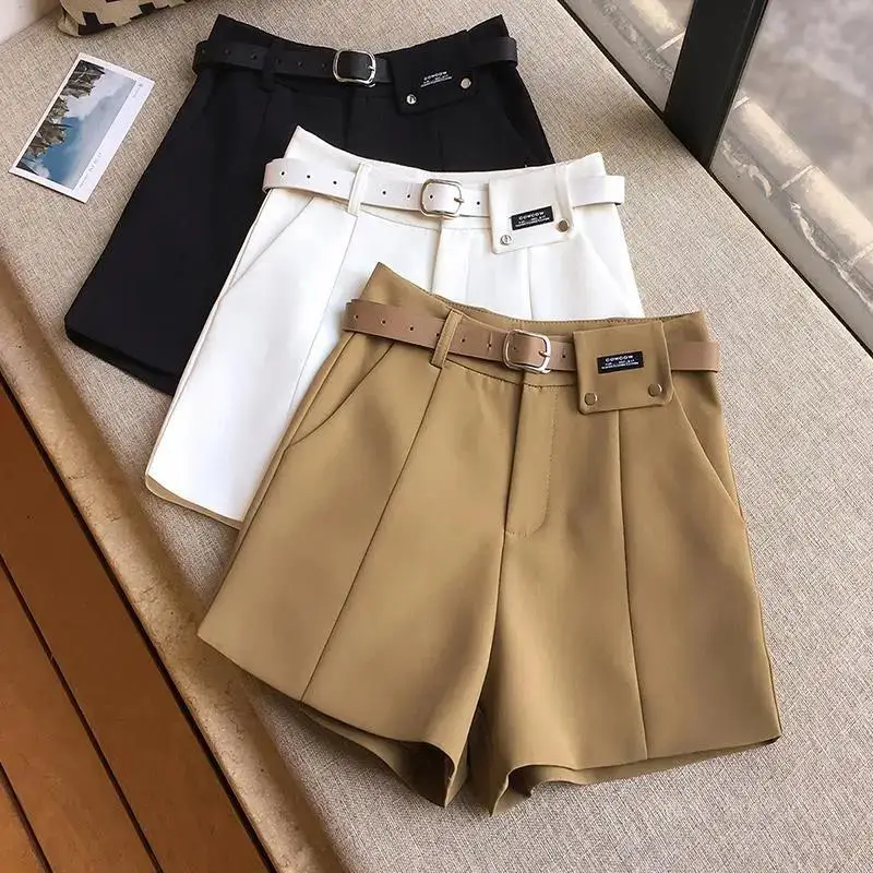 

Hstar Seoulish Summer Formal Women's Shorts with Belted Solid High Waist OL Casual Workwear Female Wide Leg Shorts 2021 New