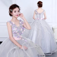 gray quinceanera dresses sleeveless party dress v neck floor length ball gown sweet floral print prom dress plus size