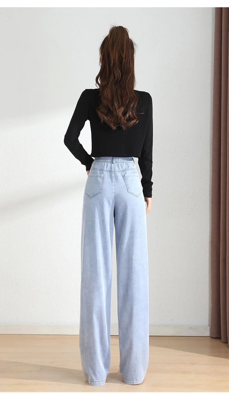 

2021 Summer Women Thin Tencel Soft High Waist Casual Wide Leg Straight Denim Trousers Female Streetwear Office Lady Jeans Pant