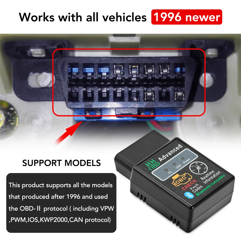 Диагностический сканер ELM327 OBD2 совместимый с Bluetooth для проверки двигателя