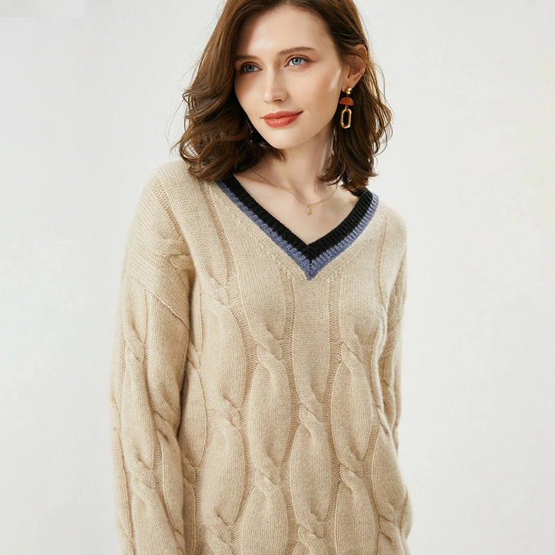 Женский кашемировый свитер свободный с V-образным вырезом Осень-Зима 100% | Женская
