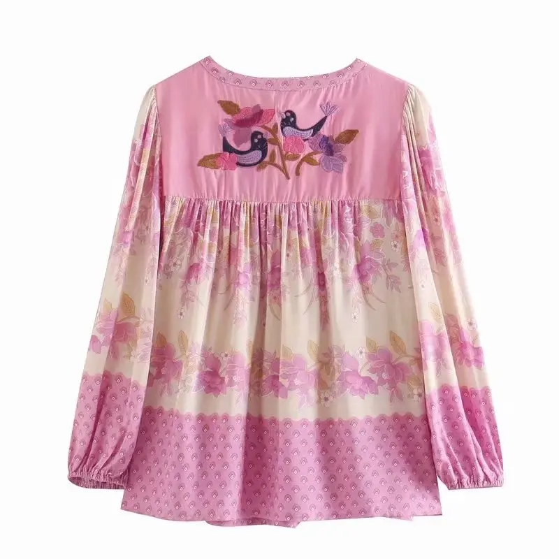 Женская винтажная блузка с вышивкой розовая свободная пляжная из вискозы и