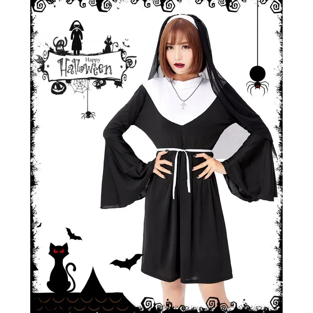 

Christmas Dress Black Nun Dress Sexy Choir Tulle Dress Tiara Dress Cross White Belt Set Women Sexy Religious Sister