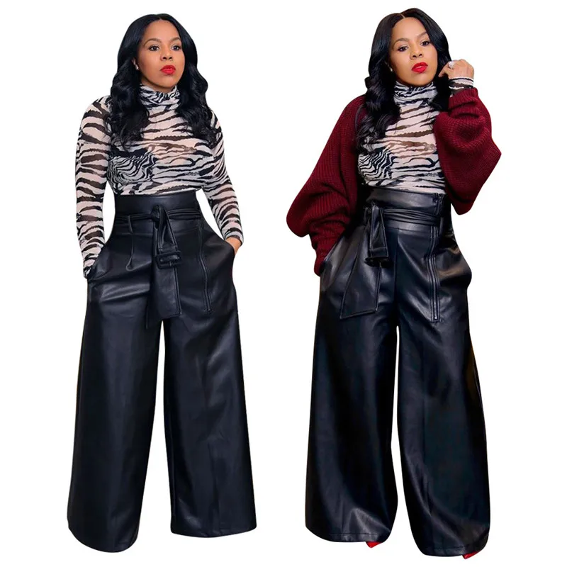 

PU Leather Pants Women Solid Colors High Waist Trousers Pleated Loose Wide Leg Faux Leather Pants New Women Plus Size Streetwear