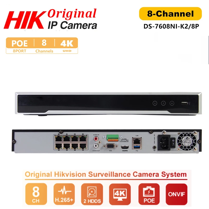 

Hikvision DS-7608NI-K2/8P 8CH PoE 4K Plug&Play NVR CCTV Surveillance System 2 SATA Network Video Recorder Live View Onvif H.265+