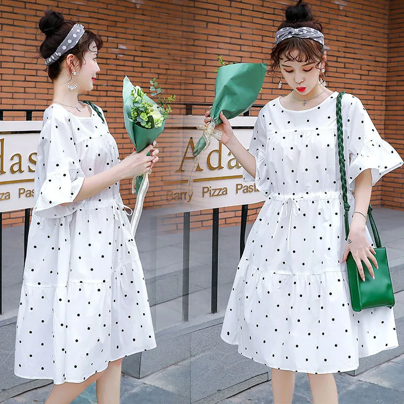 

Summer Korean Fashion Maternity Dress Sweet Elegant Polka Dot Printed Thin Cotton Clothes for Pregnant Women Pregnancy