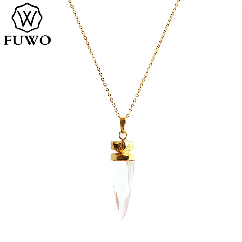 

FUWO Fashion Design Clear Quartz Necklace With Gold Trimmed Brass Chain For Women Raw Crystal Quartz Long Chain Jewelry NC259