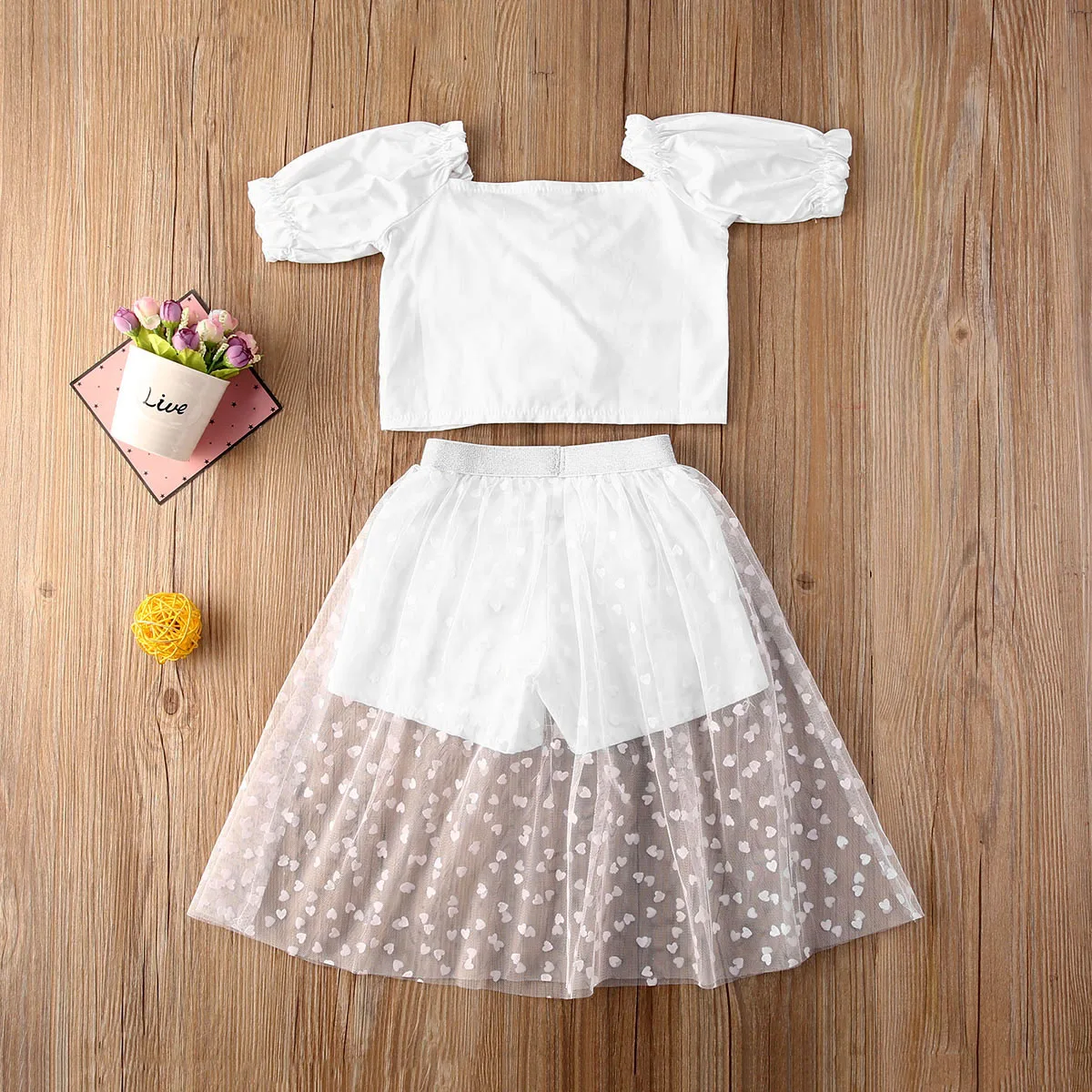 AA Kids Girls Clothes Sets White Off Shoulder T Shirts Tops+Lace Skirts Summer Polka Dot Outfits | Детская одежда и обувь