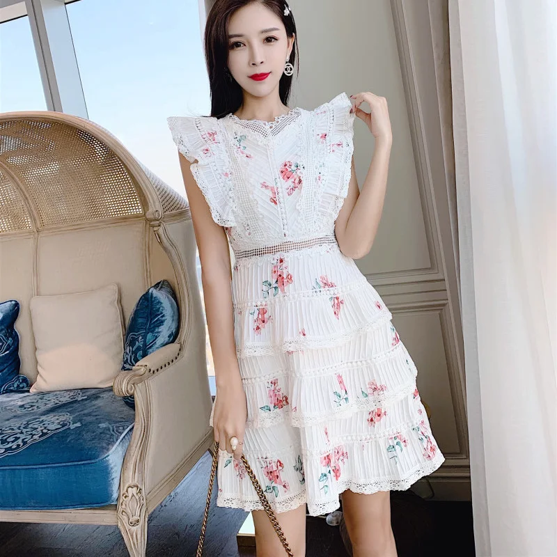 

2021 Runway Dress Women Boho Sexy Hollow Out Floral Print Lace Patchwork Ruffles Mini Dresses Femme Holiday Vacation Vestidos