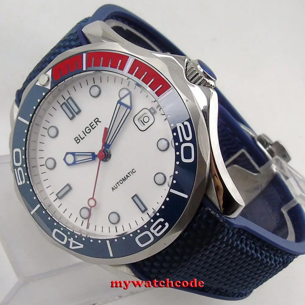 Стерильные мужские часы B268 41 мм с белым циферблатом и синим керамическим