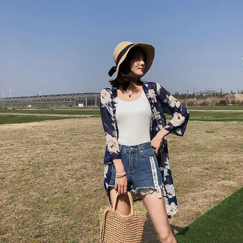 

Fashion Youth Women's Clothing Mid-Length Chiffon Print Sun Protection Clothing Seven-Point Sleeve Holiday Cardigan