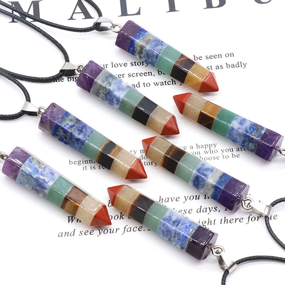 

7 Chakra Crystal Hexagonal Pendant Column Point Natural Stones Necklace Gemstone Energy Healing Crystals Stress Relief Jewelry