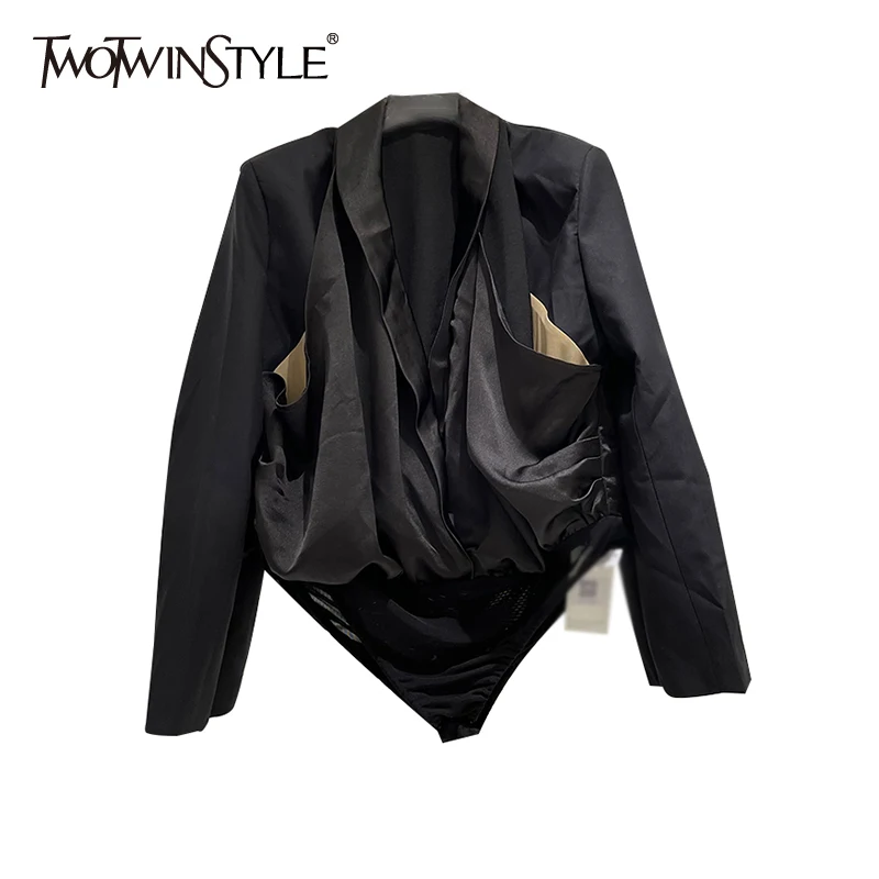 

TWOTWINSTYLE Hit Color Ruched Jumpsuit For Women Lapel Long Sleeve Patchwork Straight Jumpsuits Female Spring Fashion 2021 Style