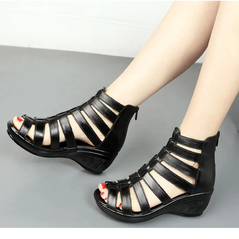 

SWONCO Gladiator Summer Shoes Women Sandals Wedges Black OL Shoes 2020 Summer Female Fashion Sandals Back Zipper Wedges Shoe