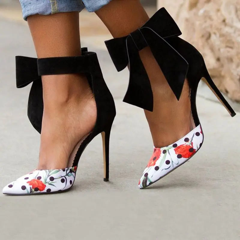 Ankle Butterfly Knot Decor Pointed Toe Pumps High Heels Polka Dot Print Female Pumps Hot Women Sexy Shallow Party Dress Shoes