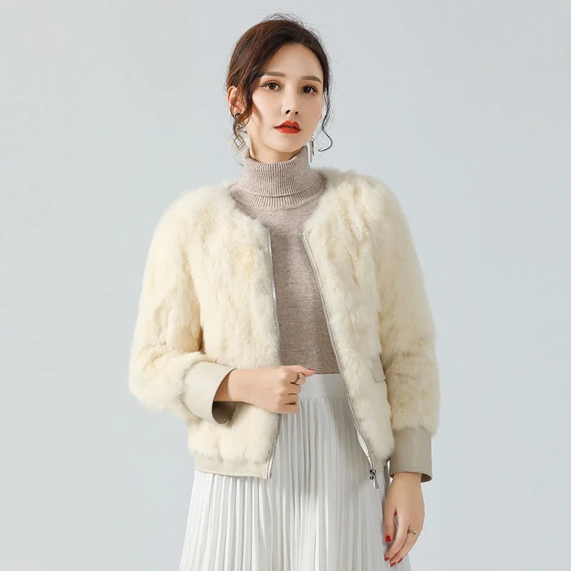 2022 New Real Fur Women Coat High Quality Fashion Slim O-neck White Real Rabbit Fur Jacket Rabbit Fur Warm h Coats Y911