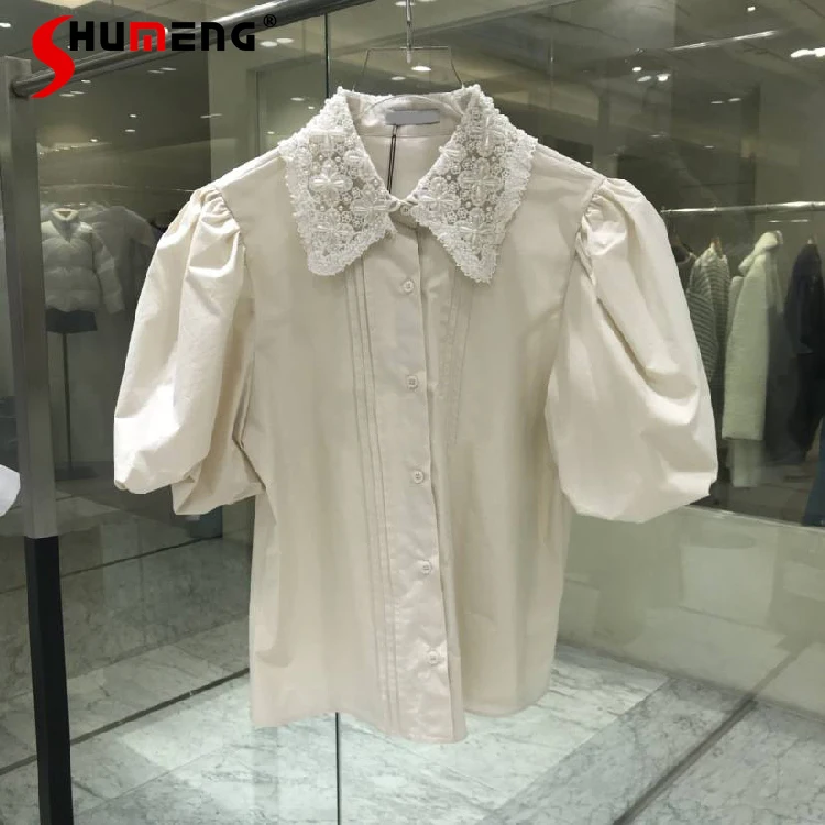 

Новинка весна-лето 2021, приталенная женская рубашка с рукавом-фонариком, воротник-поло, однотонные женские блузы, топ с коротким рукавом и кр...