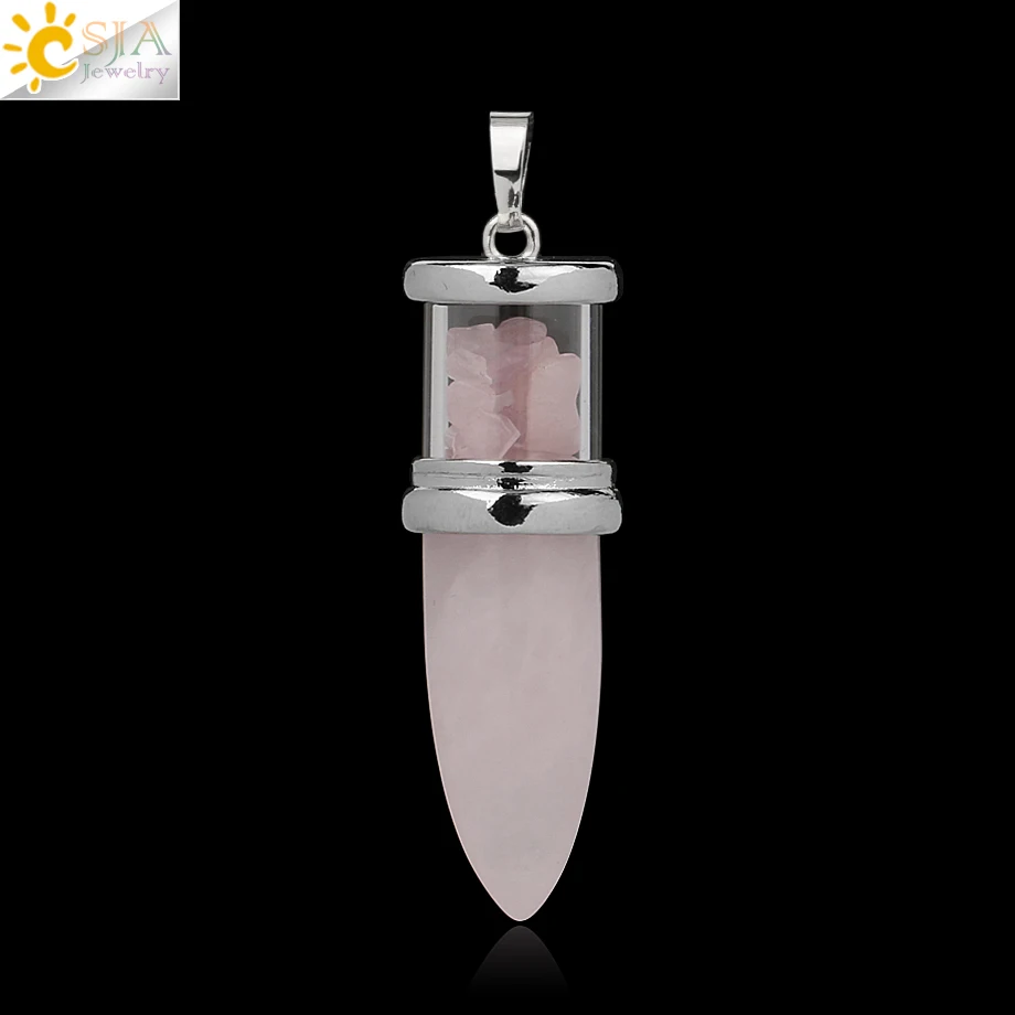 Rose Quartz CSJA в форме пули подвески из натурального камня розовый кварц Фиолетовый Кристалл ожерелья Желая бутылка конус рейки Маятник для женщин и мужчин G284 - Окраска металла: Rose Quartz