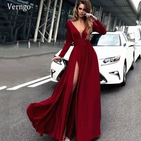 verngo burgundy evening dresses 2020 long sleeves chiffon prom gowns simple high side slit women formal party dress custom