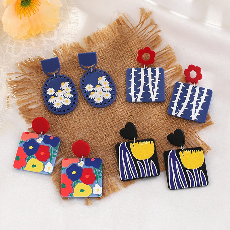 

Flower Hand-painted Printing Pendant Acrylic Earrings Flower Tulip Earrings Dark Blue Cartoon Heart-shaped Earrings Gift