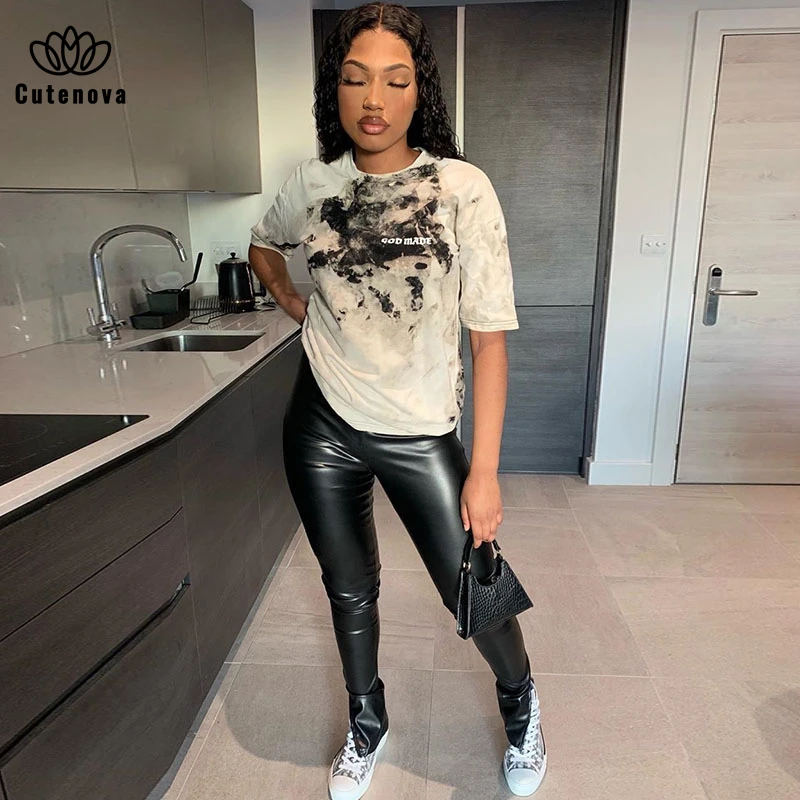 

CUTENOVA side slit leather pants fashion new solid color high-waisted slim leather pants with side slits FREE SHIPPING CLOTHES