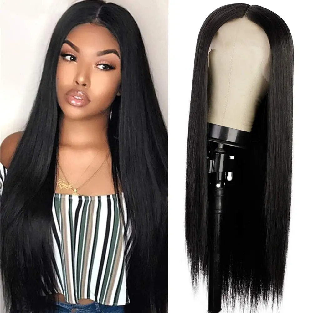 

Stamped Glorious Synthetic Long Straight T-Part Lace Wig Natural Black Wigs for Women Natural Looking Glueless Hair for Daily