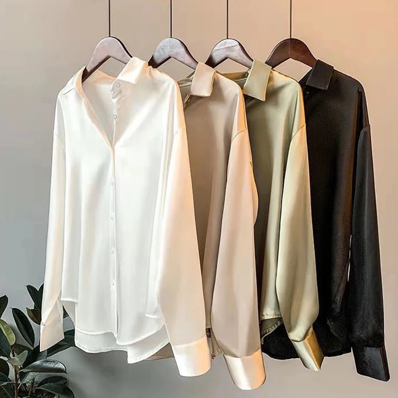 Атласная рубашка женская элегантная блузка Весна Женская мода из атласа с