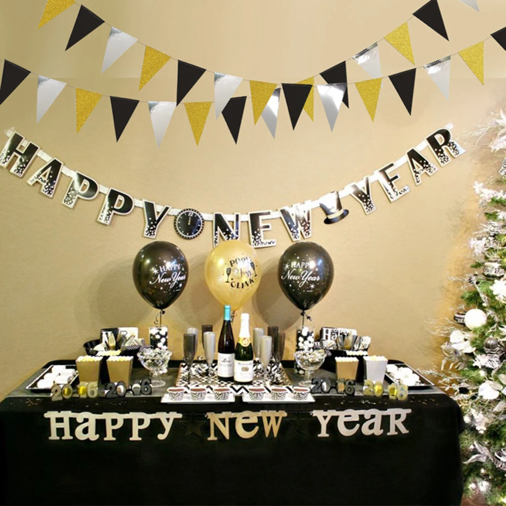 

12 flags 4m Hanging Flags Gold Black Silver Pull Flag Glitter Paper Banner Pennant Bunting Garland Wedding Birthday Party Decor