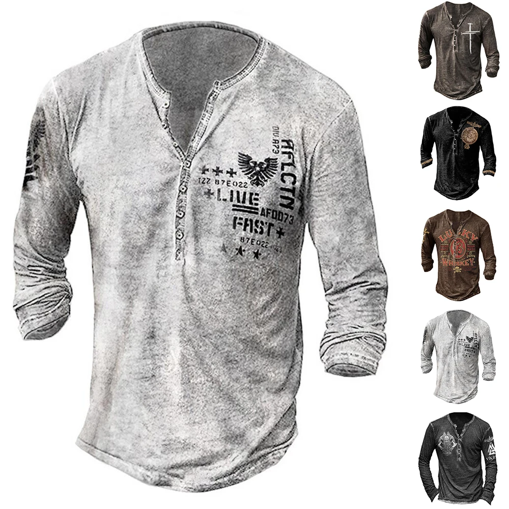 

Men Casual Basic T-Shirts Half Buttons Slim Fit Retro Pullovers Print Long Sleeve T-Shirt Loose Button Tee Shirt Pullover Tops