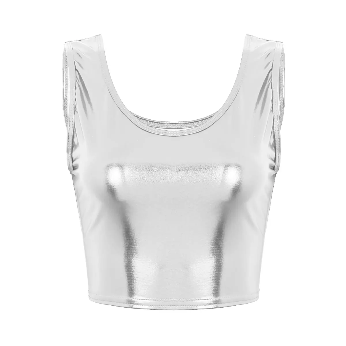 Womens Bustier Blouse Shirt Pole Dance Rave Crop Top Fashion Shiny Metallic Scoop Neck Tank Vest for Clothing |