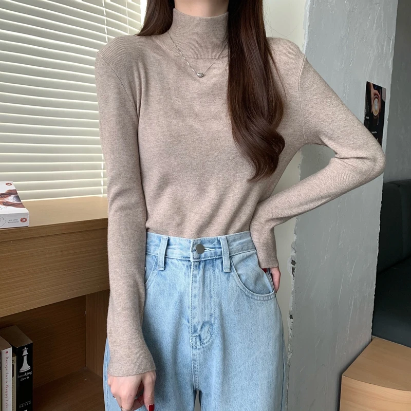 

Autumn Winter Knitted Sweater Women Korean Casual Bodycon Pullover Ladies Sweater Half-high Neck Bottoming Shirt Jumper Woman