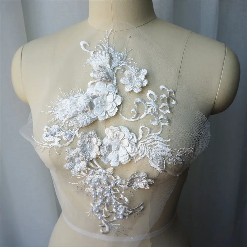 Вышитый белый цветок кружевной ткани с бусинами Аппликации отделка воротника