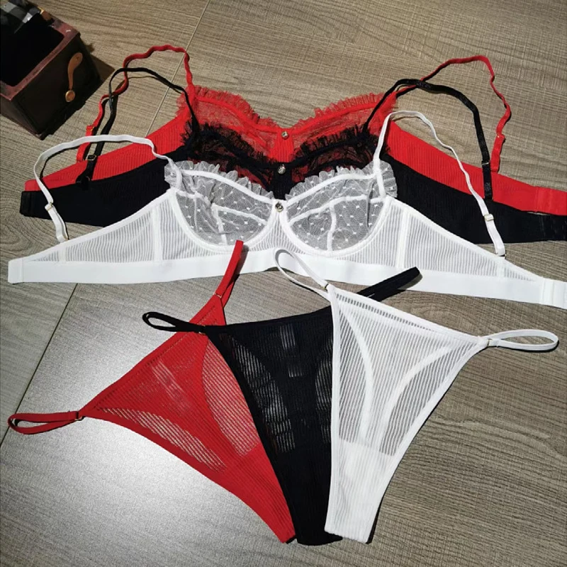 Нижнее белье кружевной сетчатый дышащий Дамский прозрачный комплект с