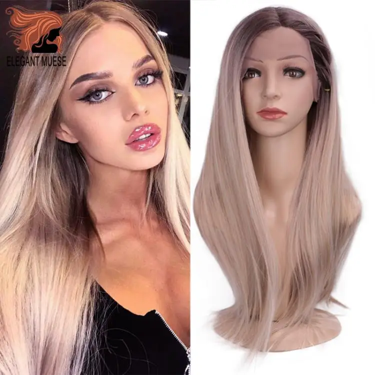 Elegant MUSES омбре с темными корнями платины прямые синтетические Синтетические волосы на кружеве парик Термостойкое волокно природные для Для женщин парики