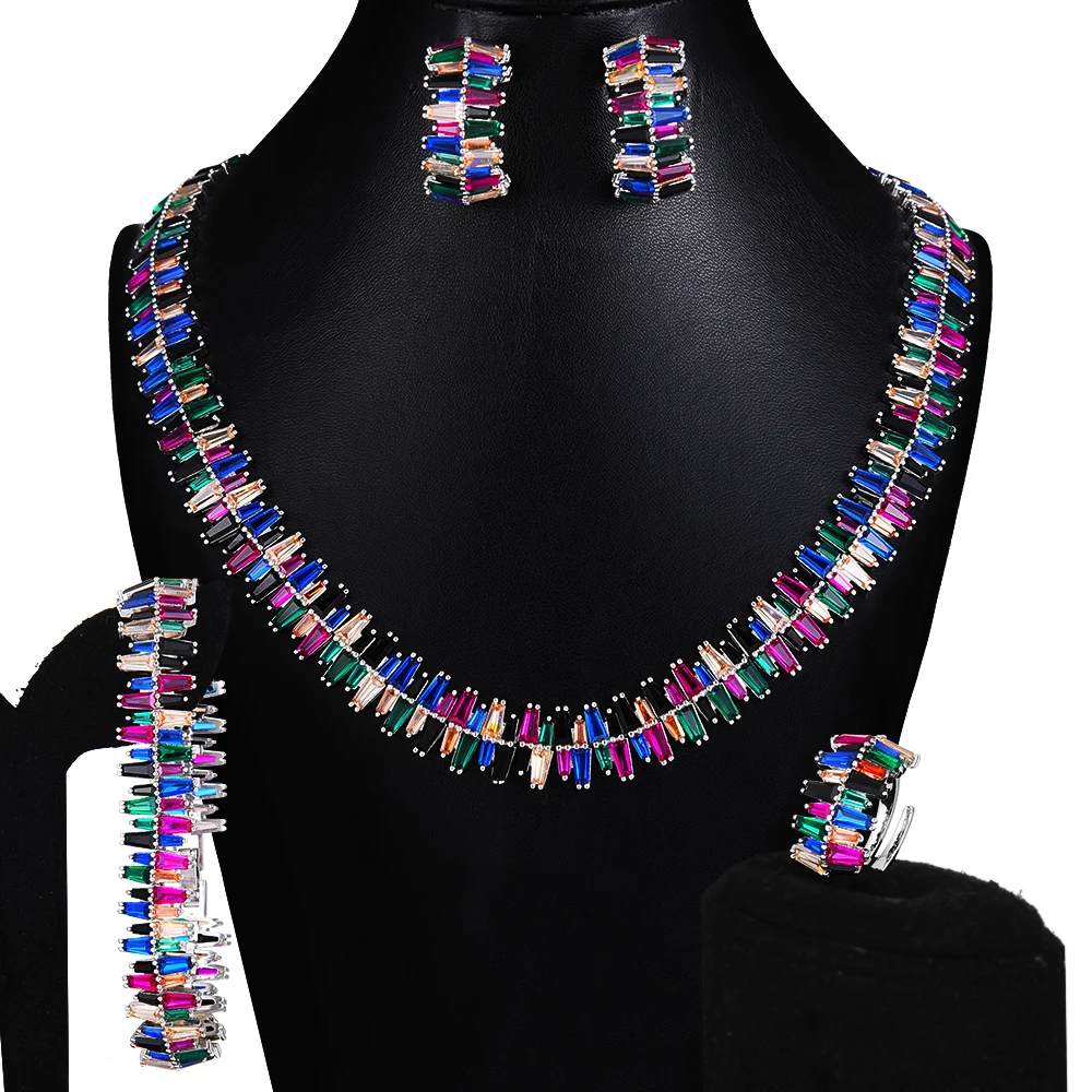 

Luxury Dubai Indian Multicolor Bridal Wedding Jewelry Sets Shiny CZ Necklace Earrings Bangle Rings ethiopian jewelry For Women