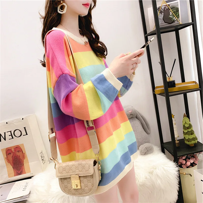 Женский свитер в полоску свободный трикотажный Корейском стиле осень 2019 |