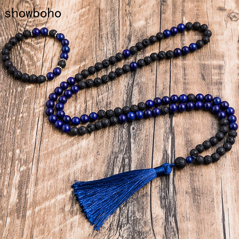 

8mm Black Lava Stone Lapis Lazuli Beaded Necklace Meditation Yoga Tibetan Lucky Peaceful Jewelry 108 Japa Mala Bracelet Sets