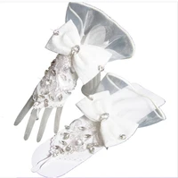 pretty women fingerless bridal gloves elegant short paragraph rhinestone white lace glove wedding accessories