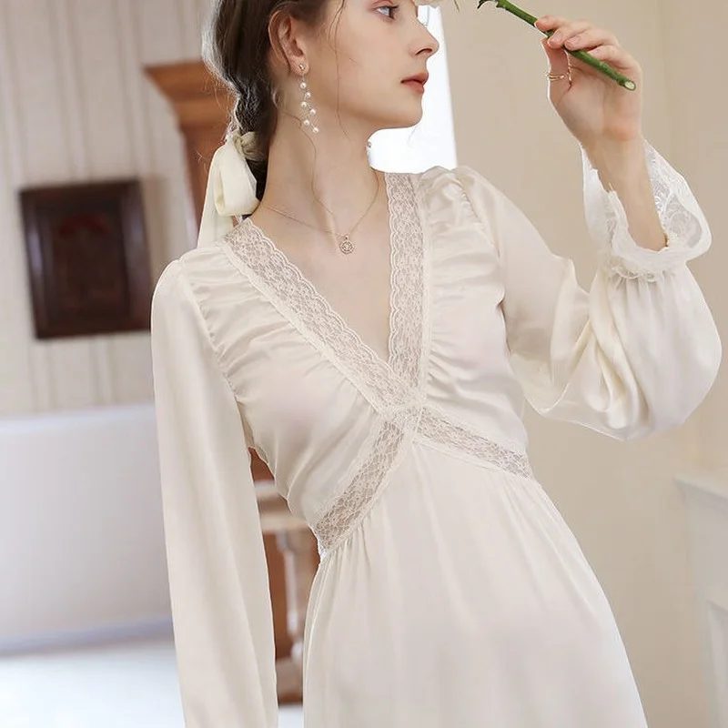 QWEEK Silk Elegant Long Nightgown Women Autumn Satin Luxury Sleepwear Lace Nightie Princess White Dress Nightdress Loungewear
