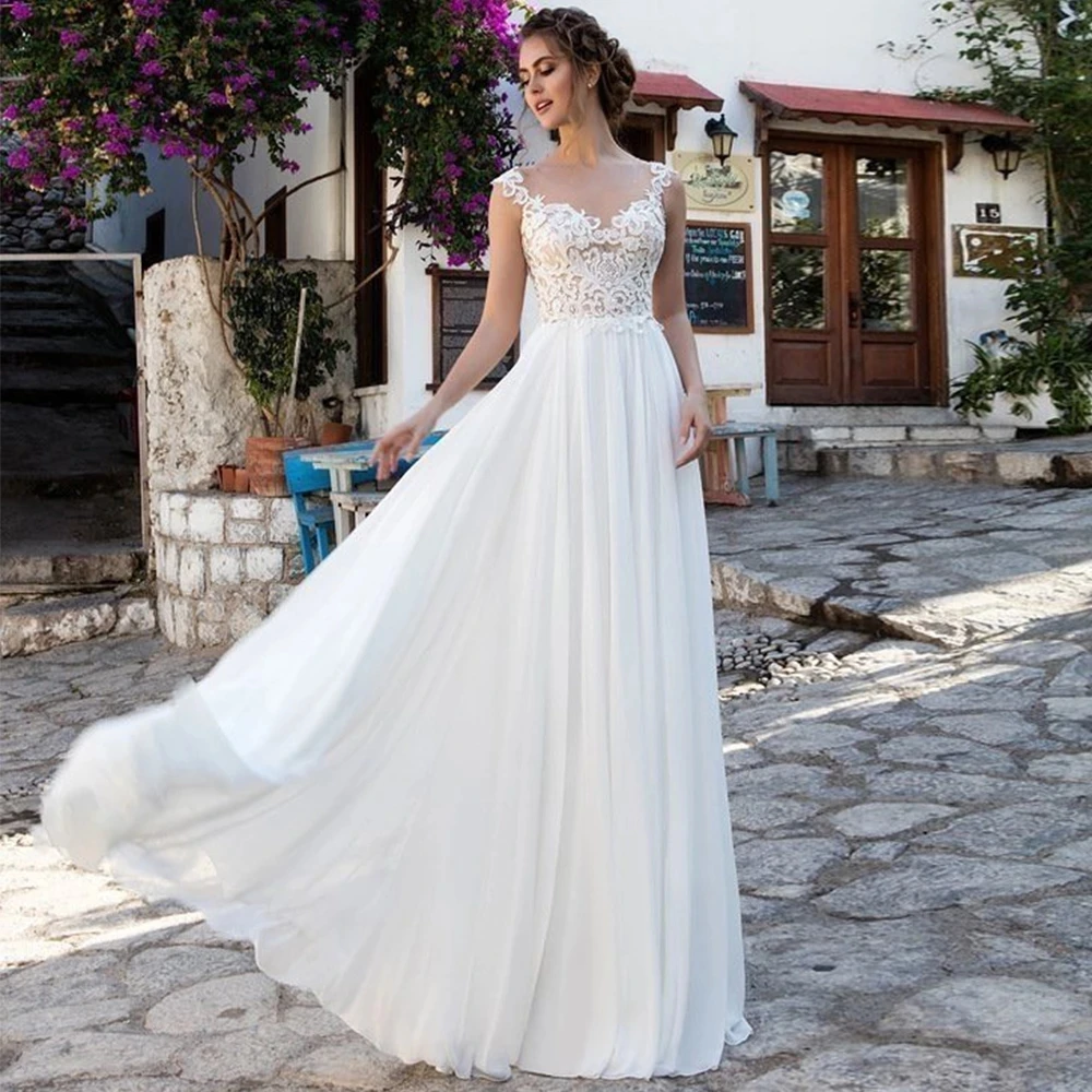 

2021 Elegant Chiffon A-Line Sweep Train Wedding Dress Sleeveless Appliques Lace Plus SIze Bridal Gowns Vestido Novias