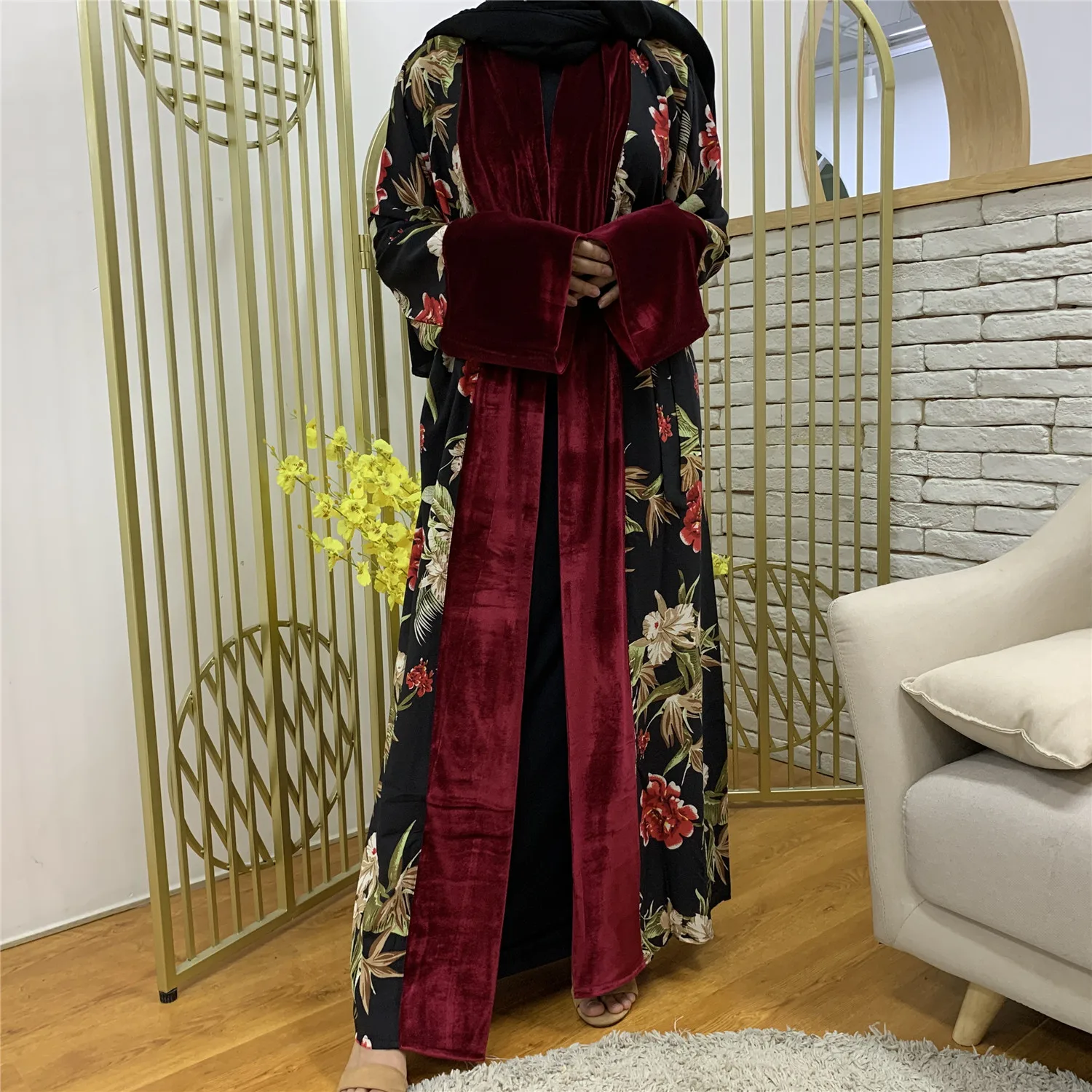 

Donsignet Muslim Dress Plus Size Gold Velvet Loose Lace-up Cardigan Robe Middle East Eid Duabi Abaya Turkey Robe Muslim Fashion