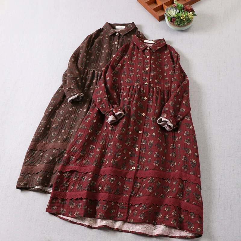 

2021 New Spring Women Dresses Japan Style Mori Girl Literary Printing Cotton Loose Long Sleeves Dress