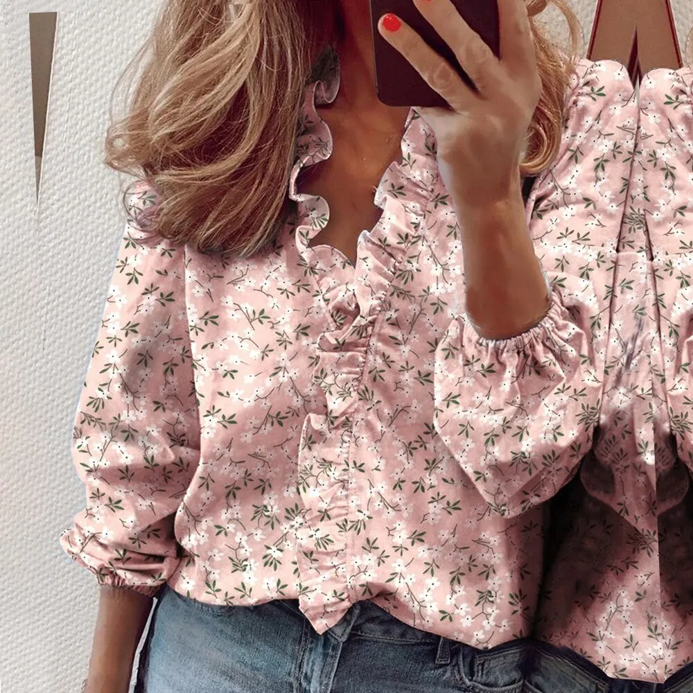 

Ruffle Blouse Women Shirt Solid Summer Spring Female Tops Ruffle V Neck Long Sleeve Pineapple Printed Casual Slim Ladies Blouse