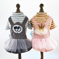 pet clothes suspenders skirt autumn summer clothing suit dog cat corduroy dress shirt stripe and lace 2 colors