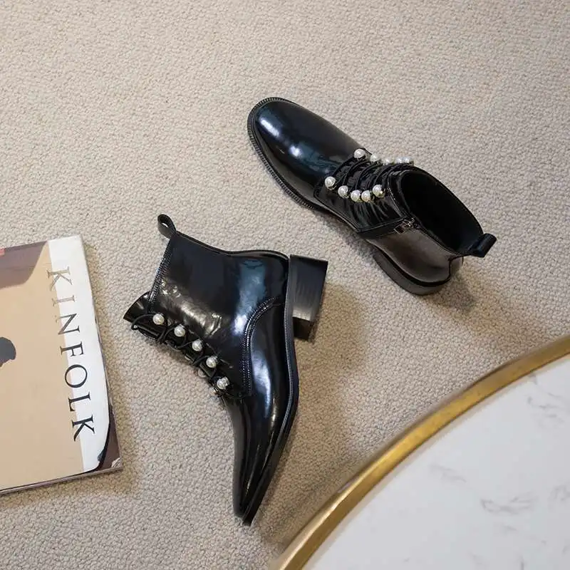 

Krazing Pot British style round toe med heel winter keep warm shoes women pearl decoration sweet pretty girls ankle boots L79