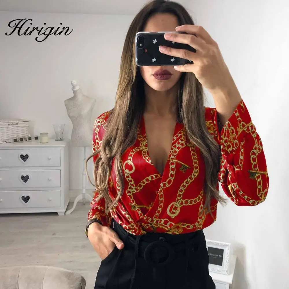 Женский винтажный Шелковый комбинезон Топ с длинным рукавом и принтом цепи