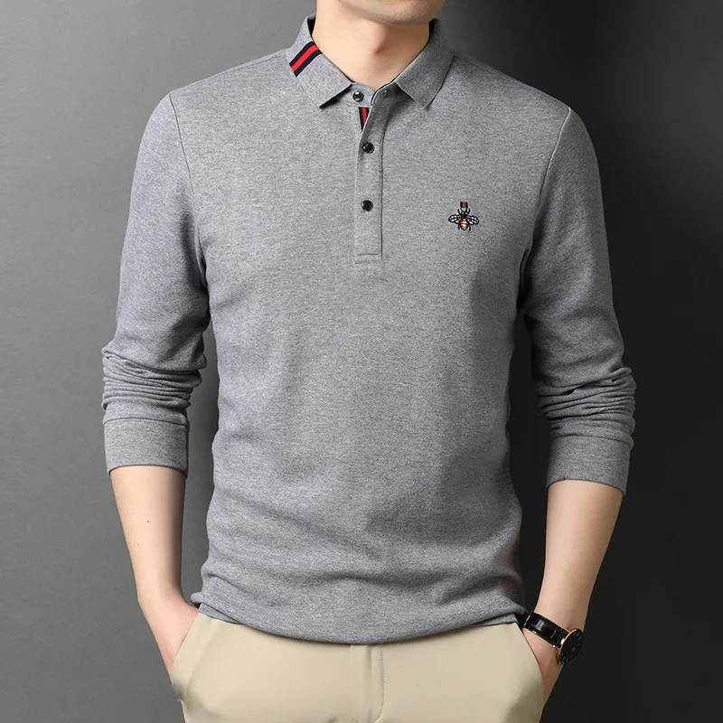 

Рубашка-поло с вышивкой маленькая пчела Мужская простая Водолазка с длинным рукавом Хлопковая мужская рубашка-поло с лацканами Базовая T271