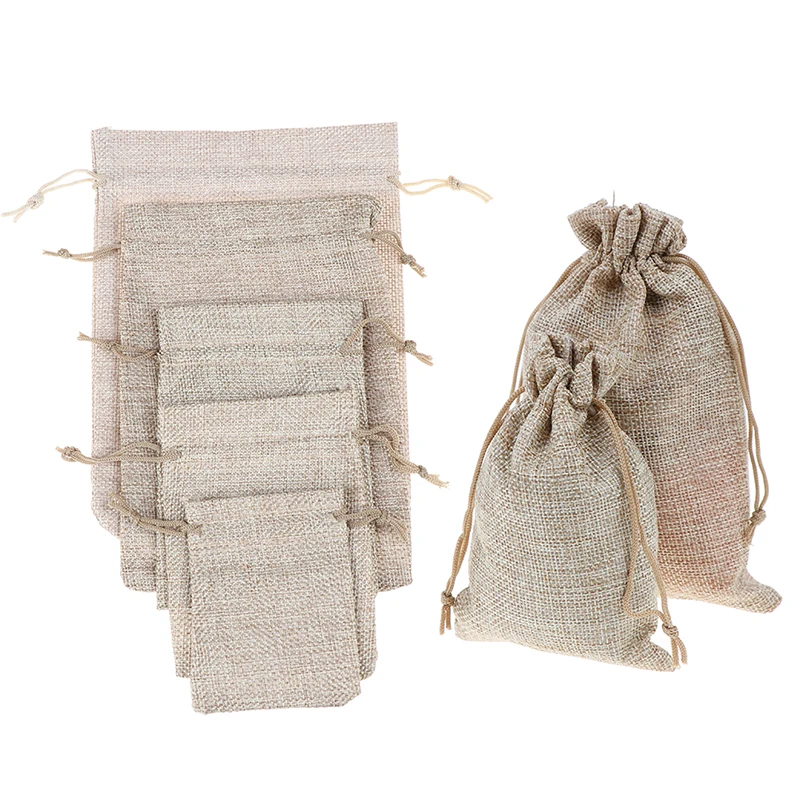 

5Pcs Linen Jute Sacks Drawstring Gift Bags Wine Bottle Cover Wrap Gift Pouch Home Storages Wedding Birthday Wholesale